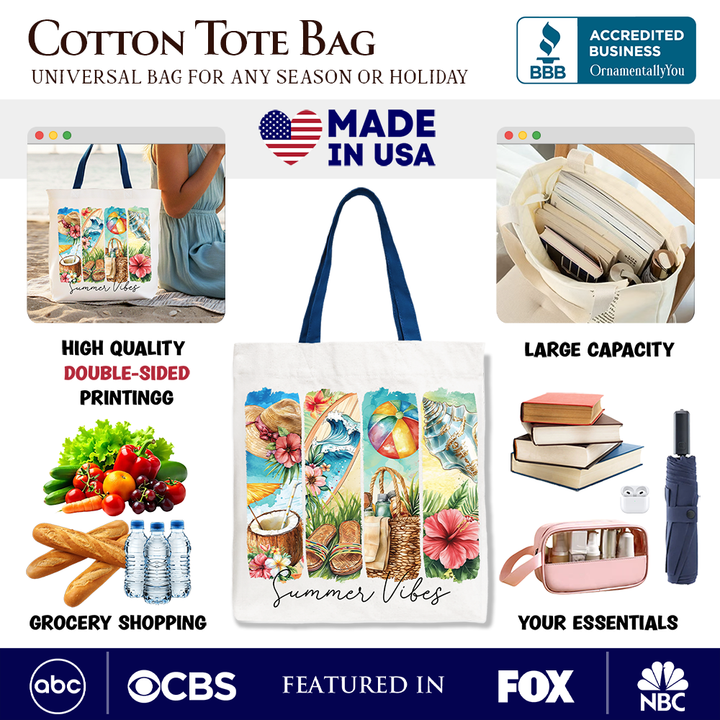 Summer Vibes Canvas Tote Bag, Beach Gift Shopper with Coconut and Flowers