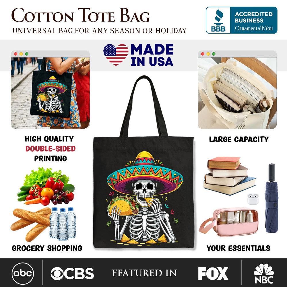 Taco Skeleton Cinco De Mayo Tote Bag, Funny Mexican Skull Sombrero Gift Shopper Tote Bag OrnamentallyYou 