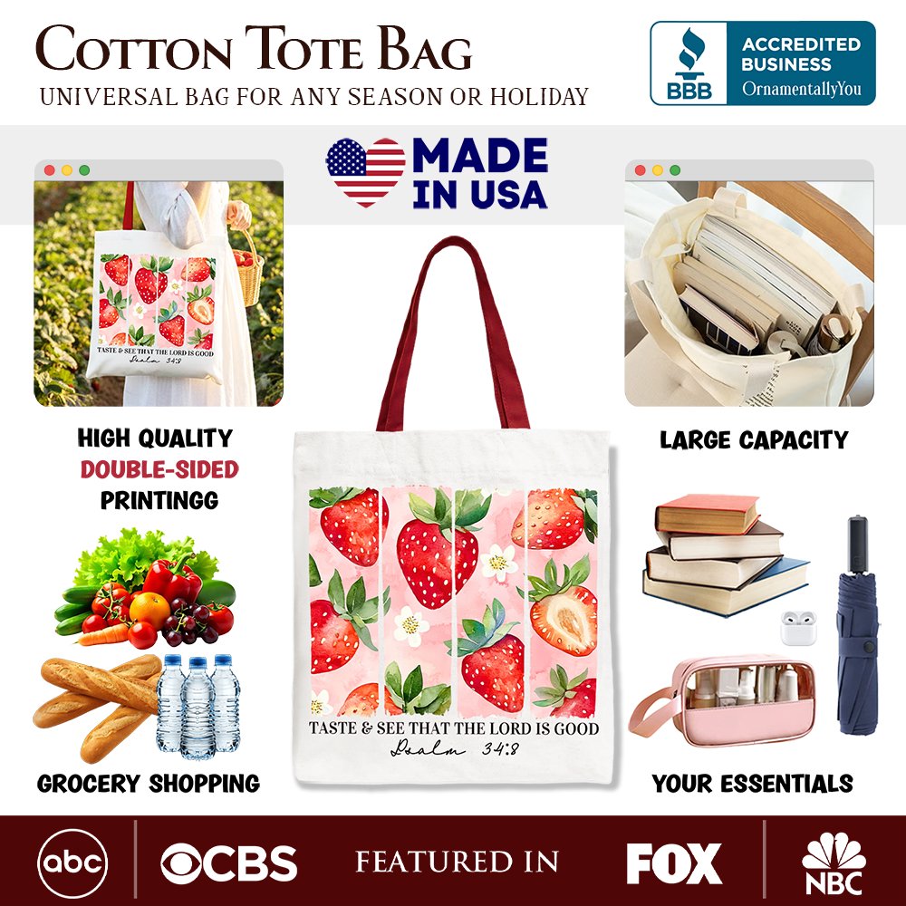 Taste and See That The Lord is Good Strawberry Canvas Tote Bag, Christian Faith Gift Shopper Tote Bag OrnamentallyYou 