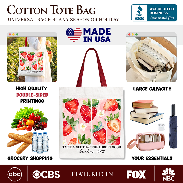 Taste and See That The Lord is Good Strawberry Canvas Tote Bag, Christian Faith Gift Shopper