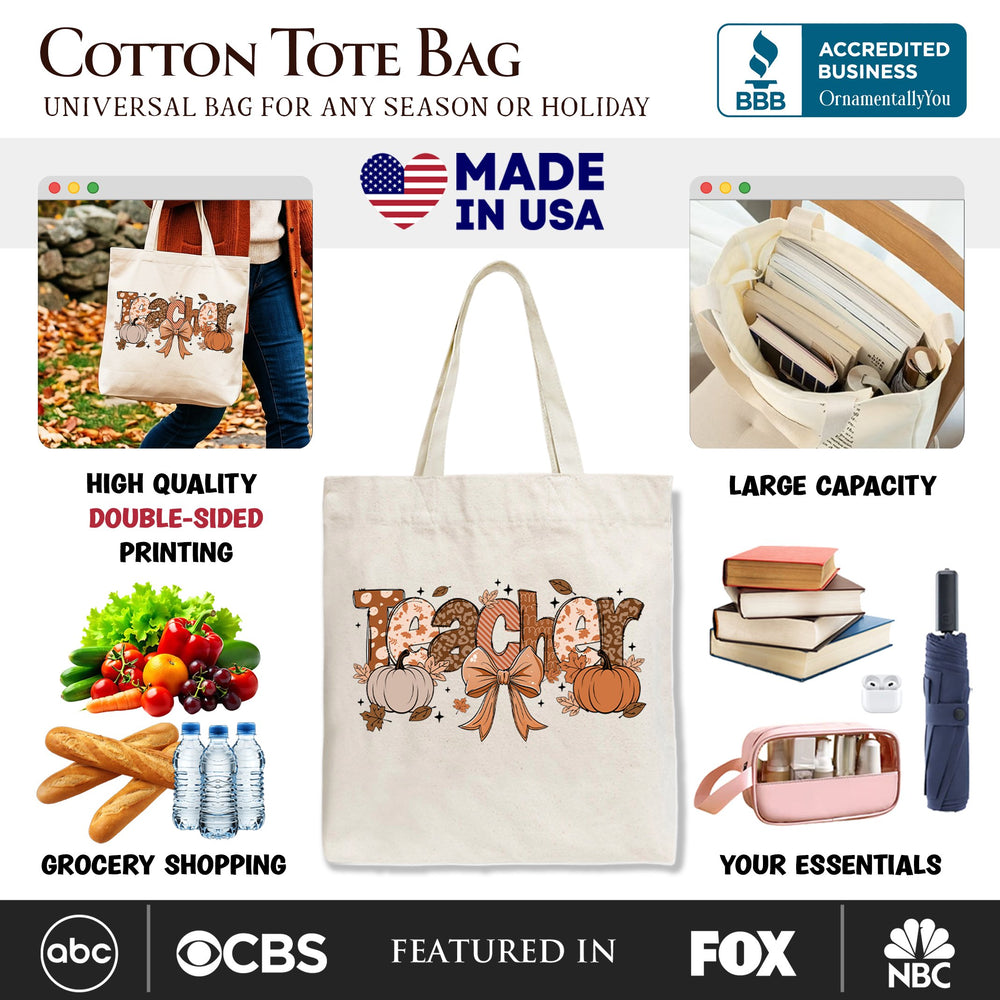 Teacher Coquette Autumn Tote Bag, Cozy Fall Pumpkin Gift Shopper for Educators Tote Bag OrnamentallyYou 