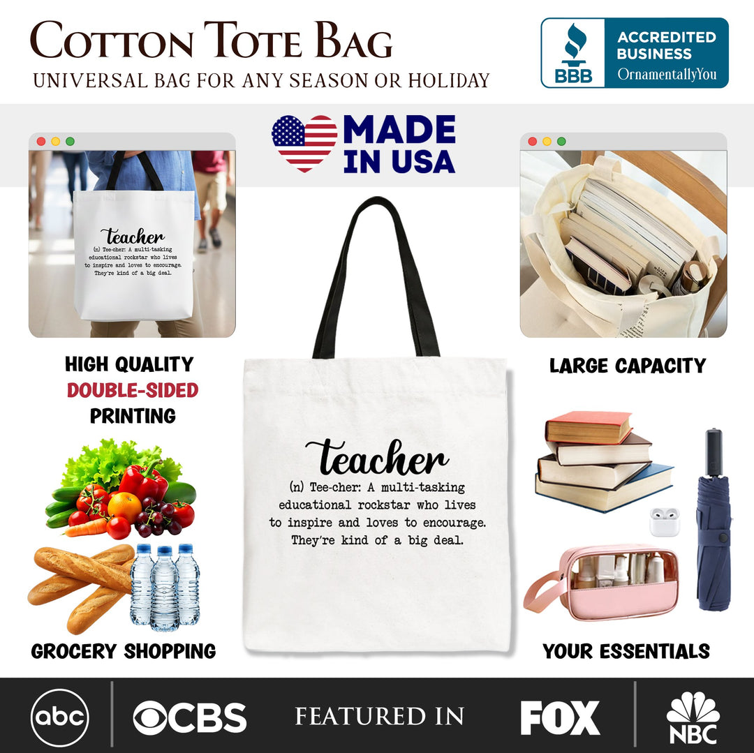 Teacher Definition Canvas Tote Bag, Inspirational Quote Gift Shopper for Educators Tote Bag OrnamentallyYou 