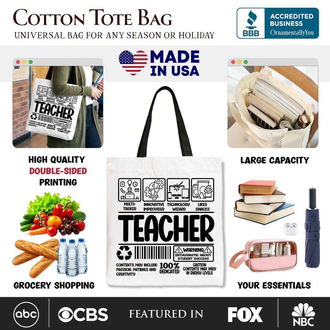 Teacher Label Tote Bag, Funny Barcode Gift Shopper for Dedicated Educators Tote Bag OrnamentallyYou 