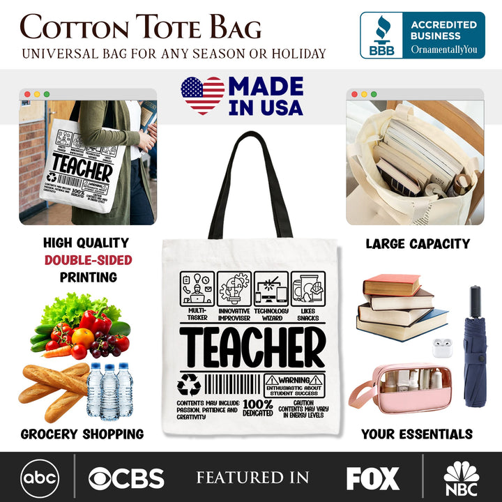 Teacher Label Tote Bag, Funny Barcode Gift Shopper for Dedicated Educators Tote Bag OrnamentallyYou 