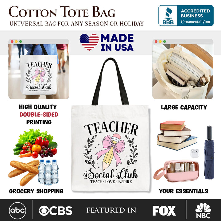 Teacher Social Club Tote Bag, Gift Shopper for Stylish Educators Tote Bag OrnamentallyYou 