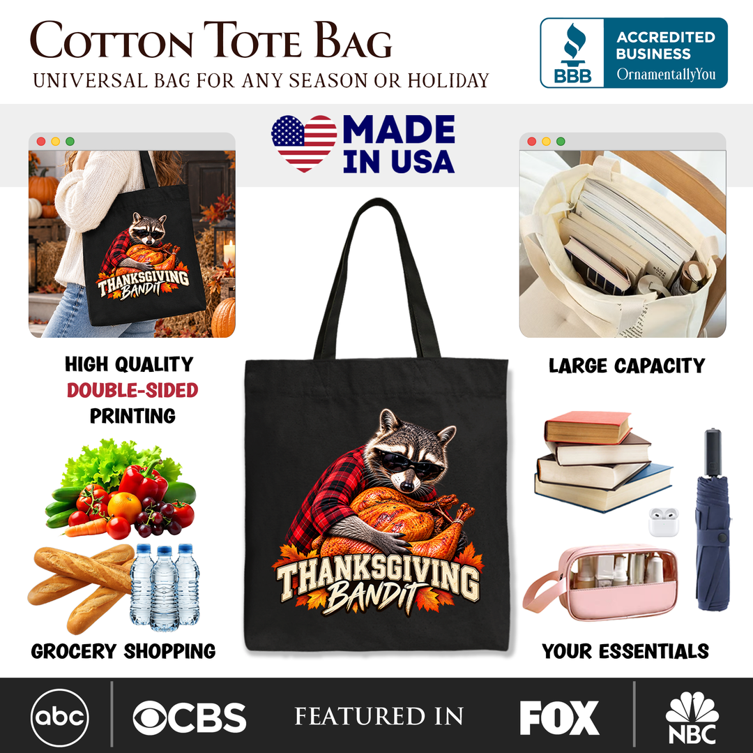 Thanksgiving Bandit Raccoon Tote Bag, Funny Turkey Autumn Fall Gift Shopper