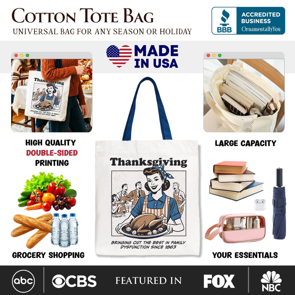 Thanksgiving Family Dysfunction Retro Tote Bag, Funny Holiday Humor Gift Shopper for Sarcastic Families Tote Bag OrnamentallyYou 