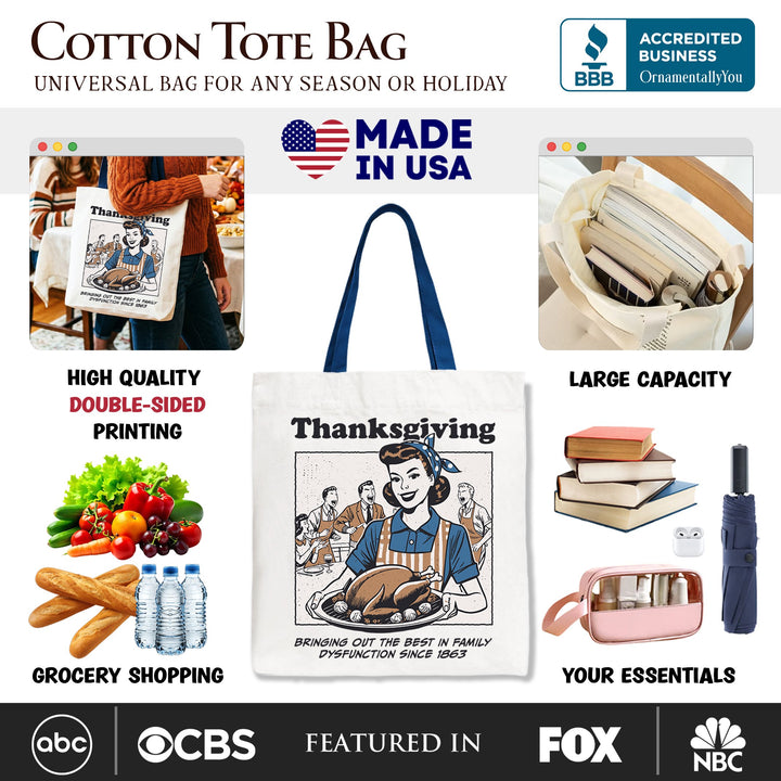 Thanksgiving Family Dysfunction Retro Tote Bag, Funny Holiday Humor Gift Shopper for Sarcastic Families Tote Bag OrnamentallyYou 