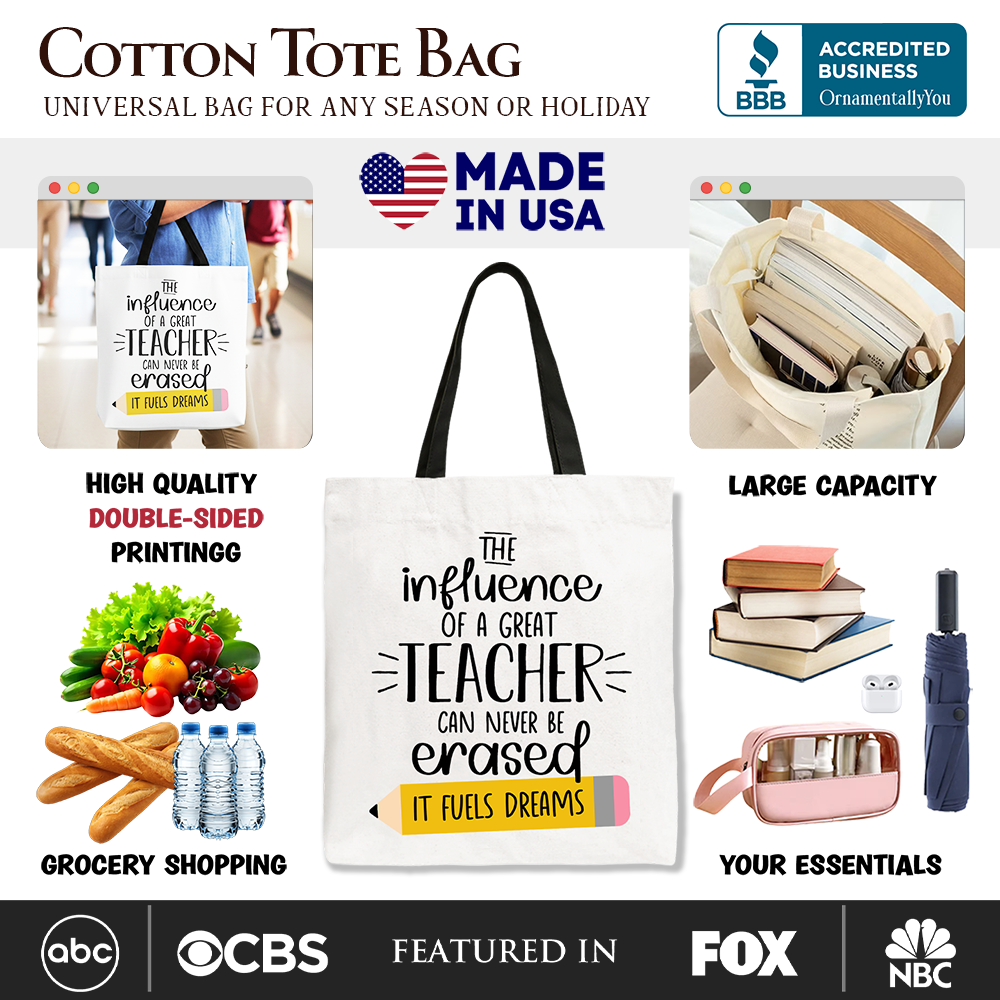 The Influence of a Great Teacher Canvas Tote Bag, Appreciation Gift Bag for Educators and Teacher