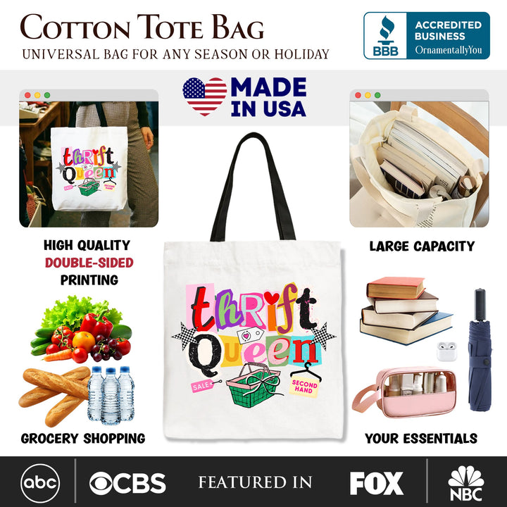 Thrift Queen Tote Bag, Colorful Second Hand Shopping Gift Shopper Tote Bag OrnamentallyYou 