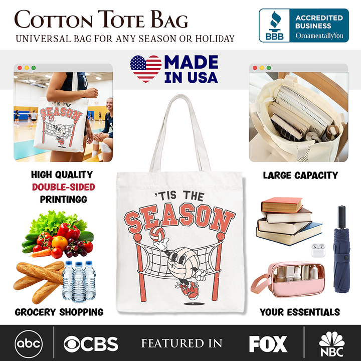 Tis the Season Volleyball Canvas Tote Bag, Retro Game Day Lightweight Sports Gift Bag