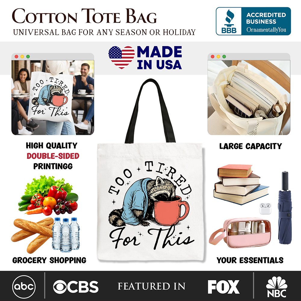 Too Tired For This Funny Raccoon Canvas Tote Bag, Retro Snarky Coffee Printed Gift Bag Tote Bag OrnamentallyYou 