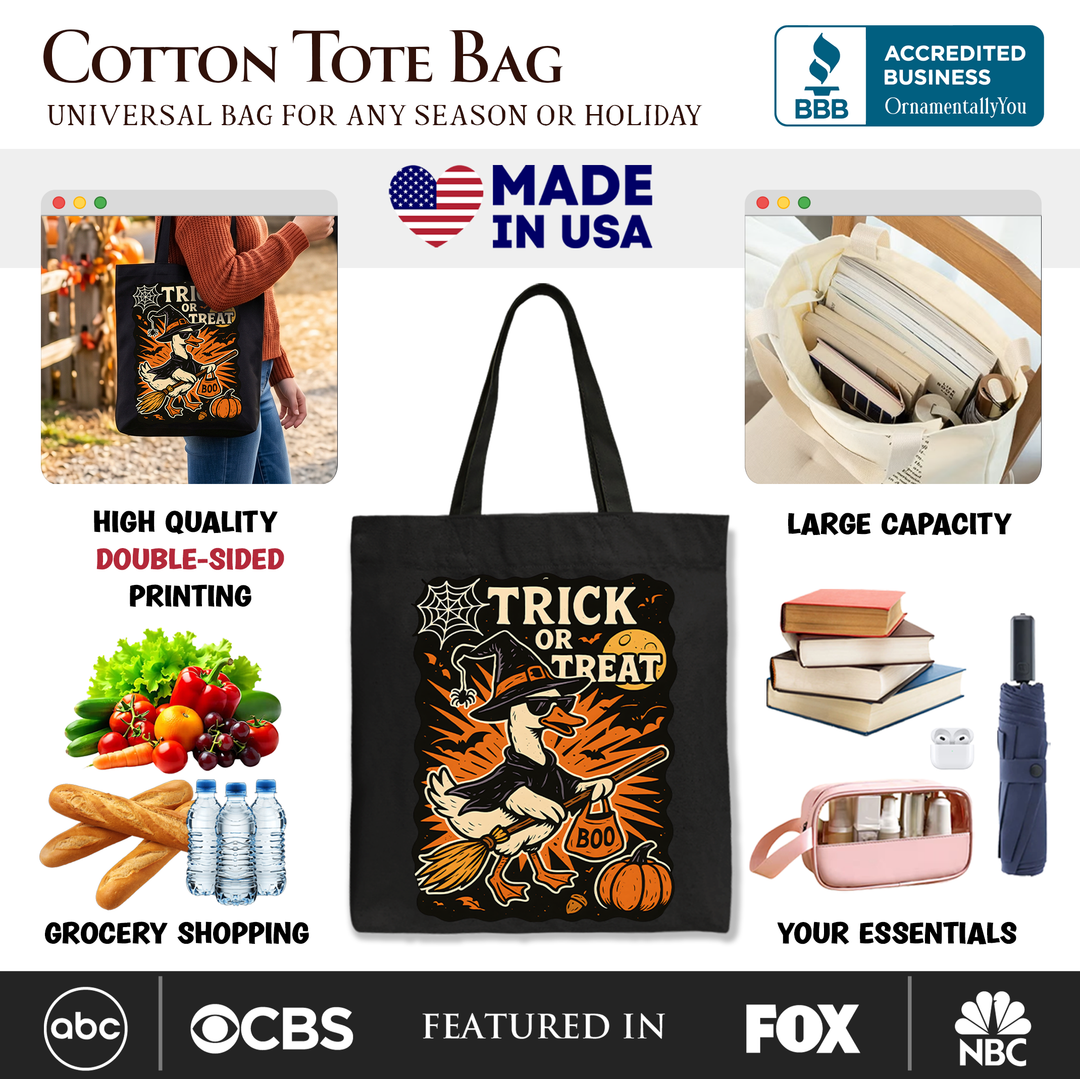 Trick or Treat Goose Tote Bag, Vintage Halloween Witch Gift Shopper for October