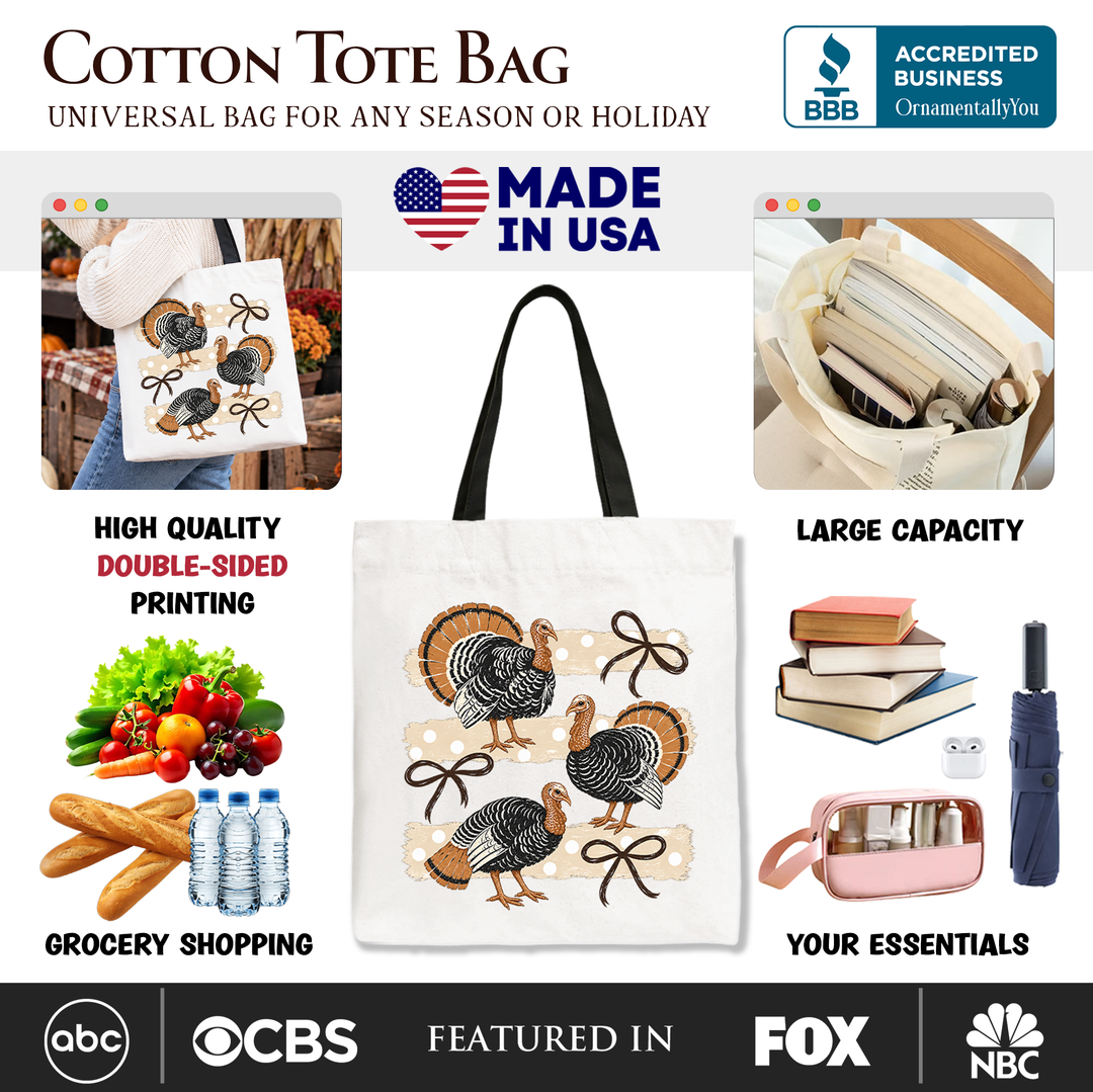 Turkey Bow Thanksgiving Tote Bag, Coquette Fall Gift Shopper