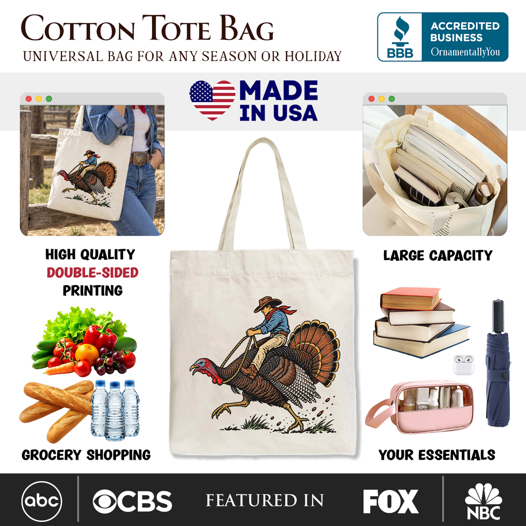 Turkey Rodeo Cowboy Thanksgiving Tote Bag, Funny Western Fall Gift Shopper