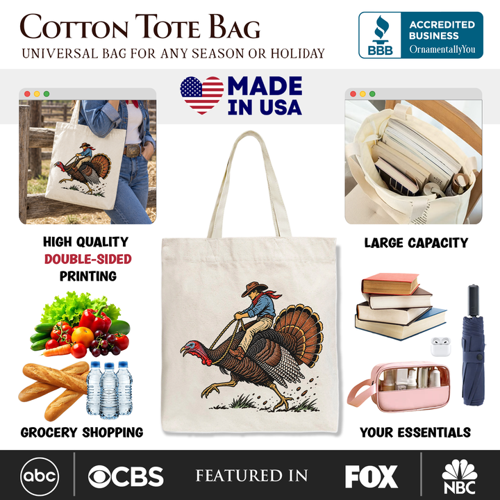 Turkey Rodeo Cowboy Thanksgiving Tote Bag, Funny Western Fall Gift Shopper