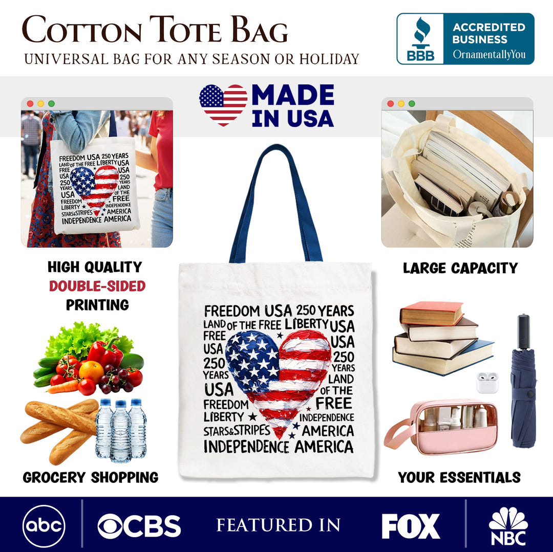 USA 250 Heart Patriotic Tote Bag, Retro 4th of July Gift Shopper Tote Bag OrnamentallyYou 