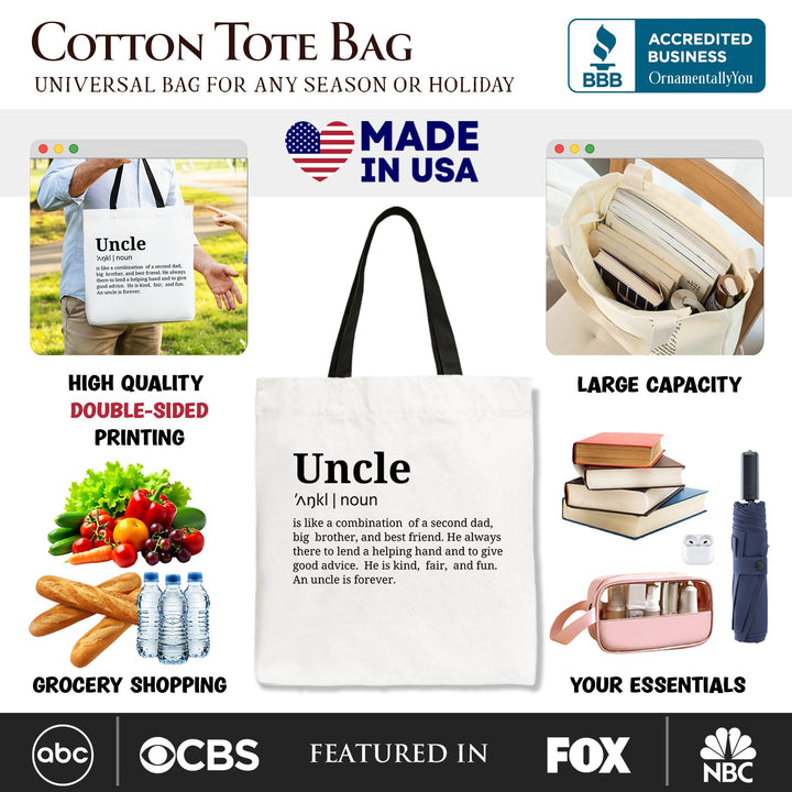 Uncle Definition Canvas Tote Bag, Funny Family Gift Shopper Tote Bag OrnamentallyYou 