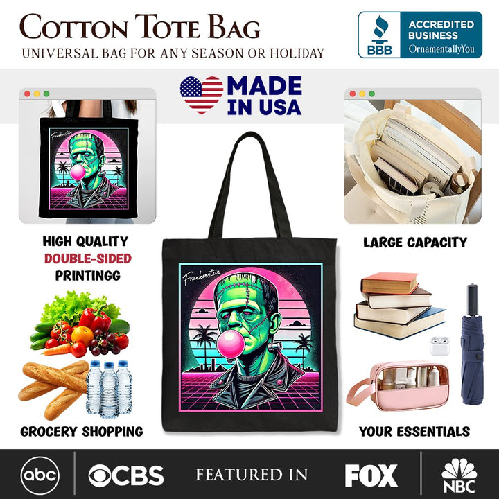 Vaperwave Frankenstein Retro Neon Horror Canvas Tote Bag, Synthwave 80's Styled Classic Halloween Gift Tote Bag OrnamentallyYou 