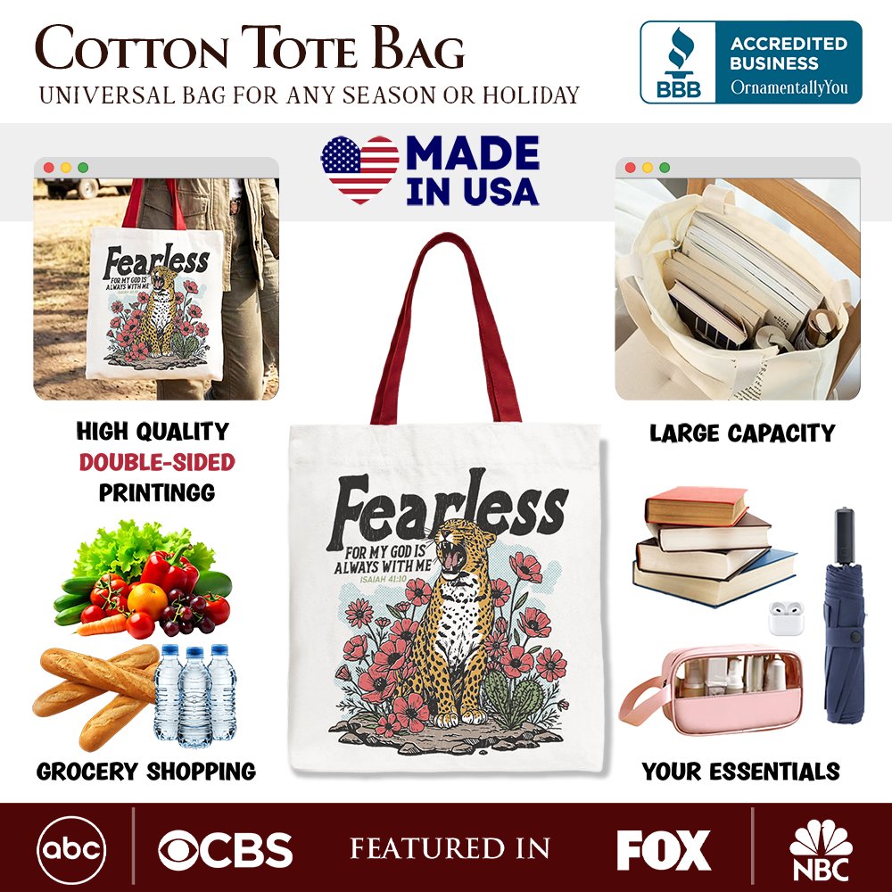 Vintage Floral Leopard Christian Canvas Tote Bag, Fearless For My God Is Always With Me Isaiah 41:10 Gift Shopper Tote Bag OrnamentallyYou 