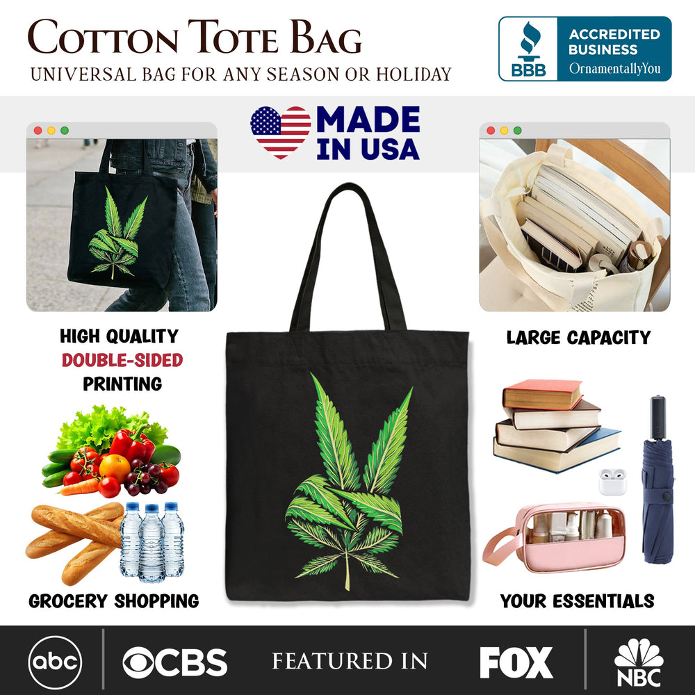 Weed Leaf Peace Sign Tote Bag, Funny 420 Stoner Gift Shopper Tote Bag OrnamentallyYou 
