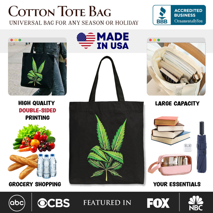 Weed Leaf Peace Sign Tote Bag, Funny 420 Stoner Gift Shopper Tote Bag OrnamentallyYou 