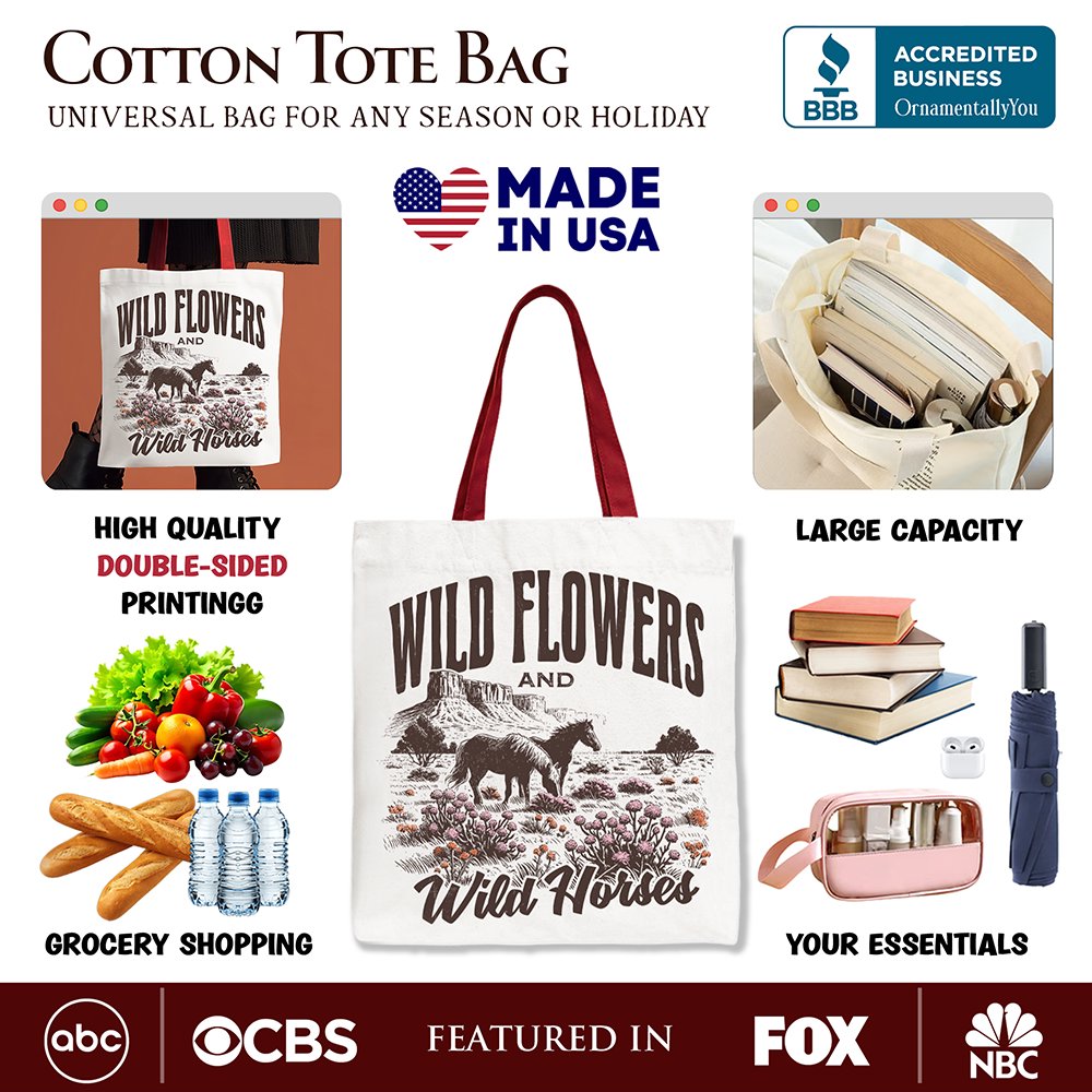 Wild Flowers and Wild Horses Canvas Tote Bag, Retro Western Gift for Free-Spirited Women Tote Bag OrnamentallyYou 