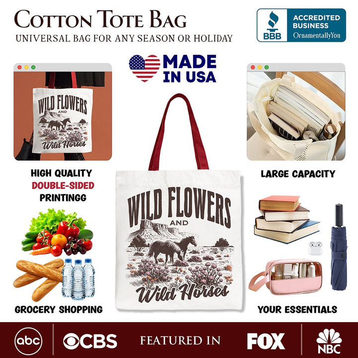Wild Flowers and Wild Horses Canvas Tote Bag, Retro Western Gift for Free-Spirited Women Tote Bag OrnamentallyYou 