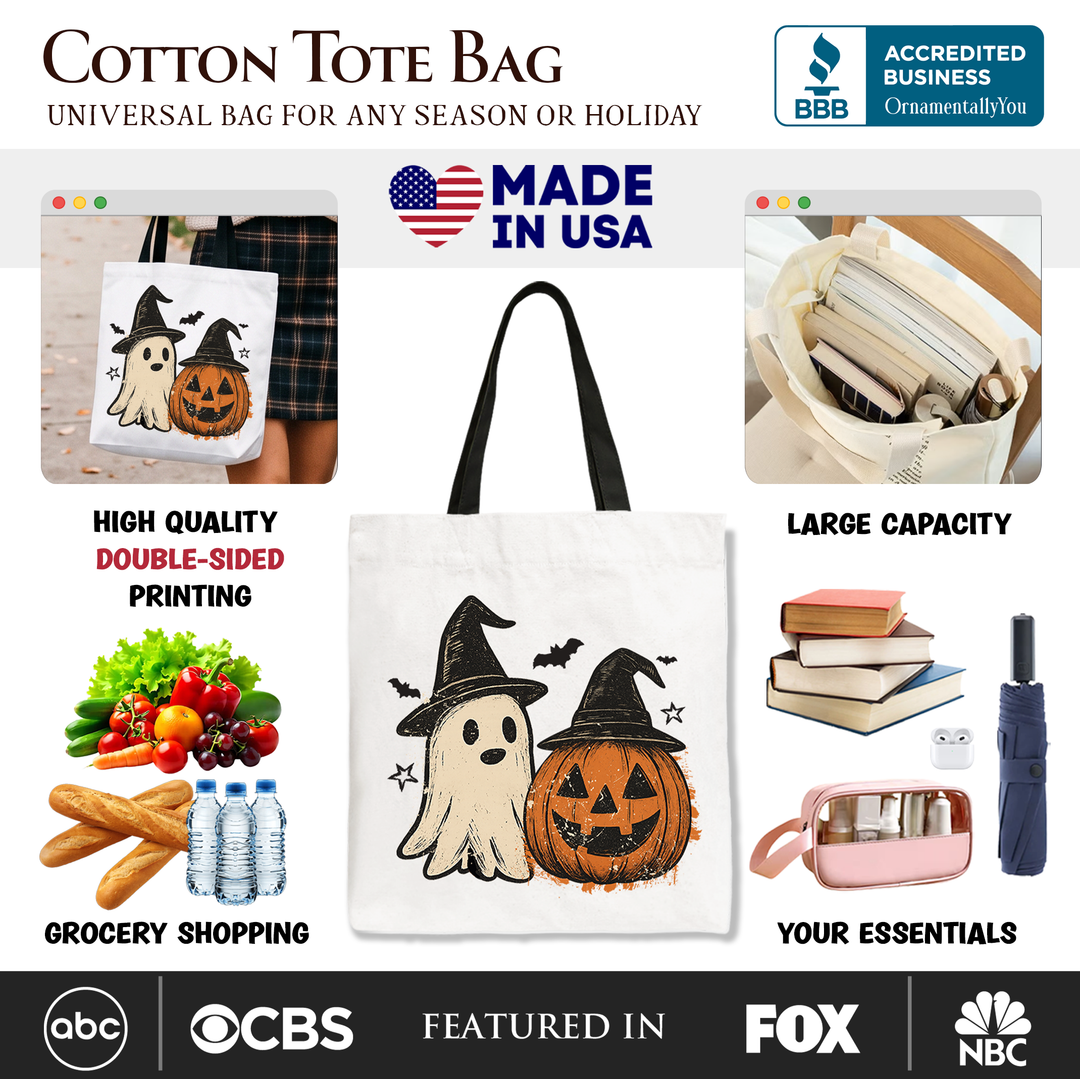 Witch Hat Ghost and Pumpkin Tote Bag, Vintage Halloween Jack O’ Lantern Gift Shopper