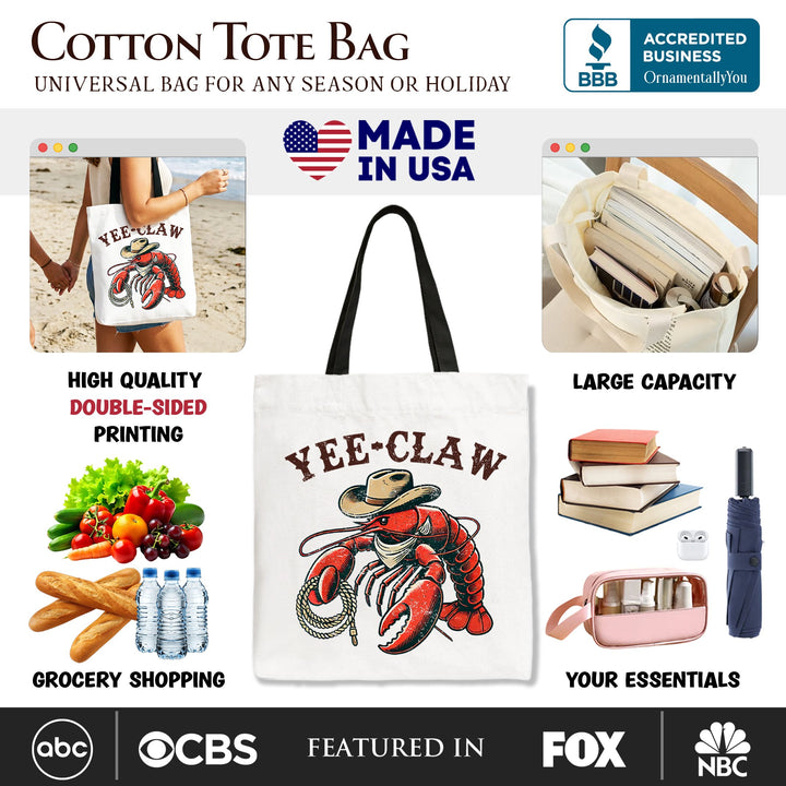 Yee Claw Lobster Western Tote Bag, Funny Cowboy Animal Gift Shopper Tote Bag OrnamentallyYou 