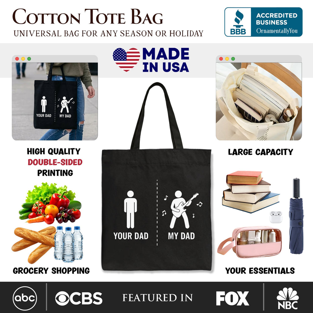 Your Dad Vs My Cool Dad Tote Bag, Funny Bass Guitar Rock Father's Day Gift Shopper Tote Bag OrnamentallyYou 