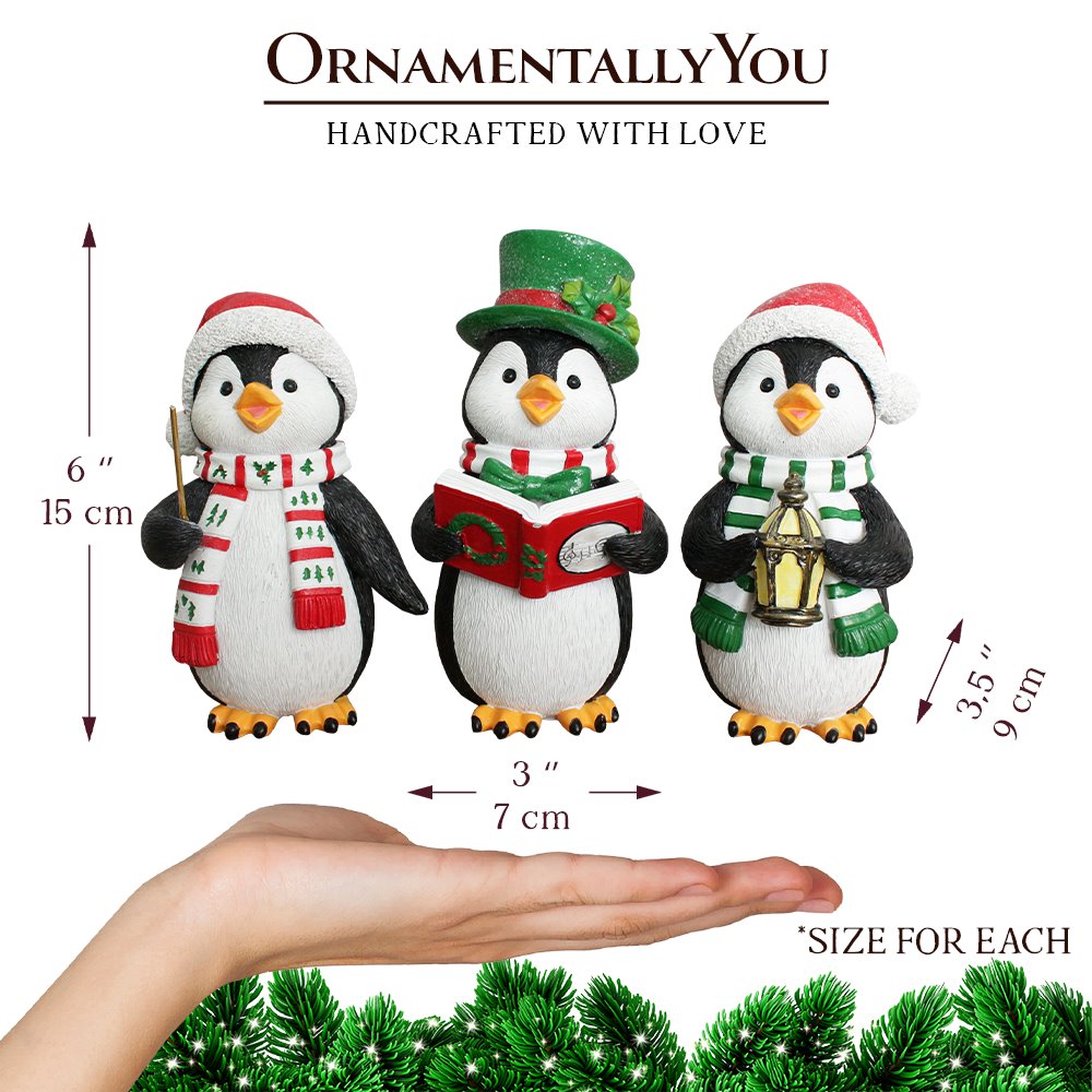 (Pre-Order) Carroling Penguin Trio Set of Christmas Figurines, 6" Winter Holiday Statue Set of Three Resin Statues OrnamentallyYou 