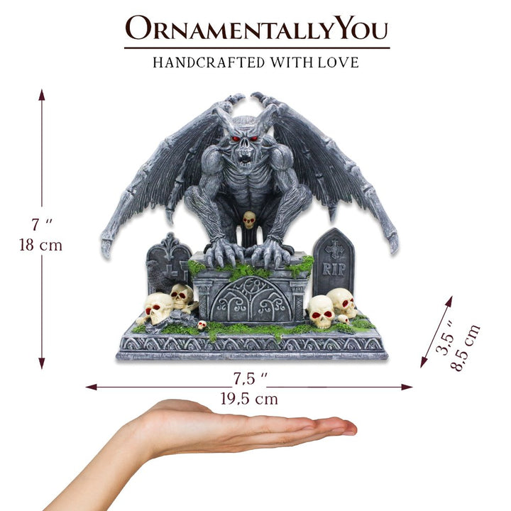 (Pre-Order) Grave Guardian Gargoyle Figurine, 7" Solar Powered Gothic Halloween Garden Statue Resin Statues OrnamentallyYou 