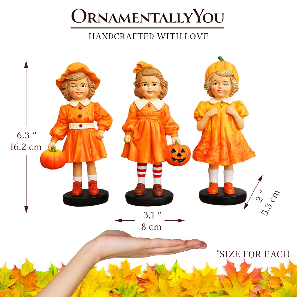 (Pre-Order) Inviting Pumpkin Girl Trio Set of Figurines, 6" Victorian Autumn Fall and Halloween Table Decoration Resin Statues OrnamentallyYou 