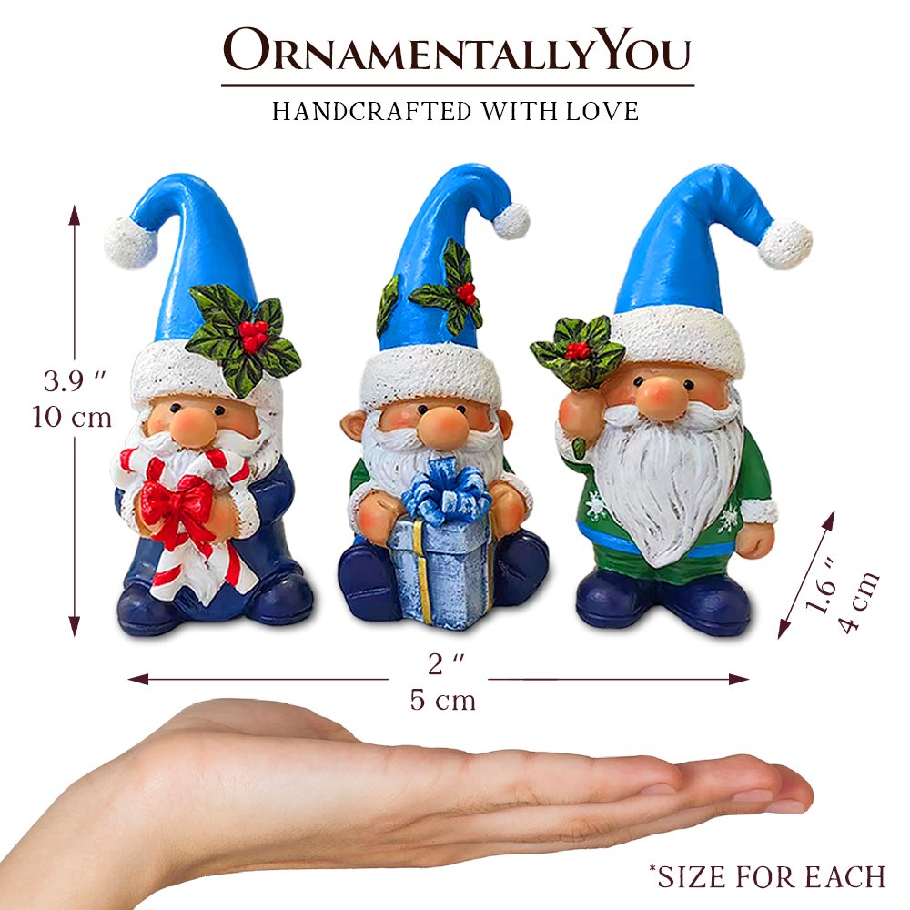 Sky Blue Hat Festive Holiday Gnome Set of Three Miniature Christmas Tabletop Figurine Statues Resin Statues OrnamentallyYou 