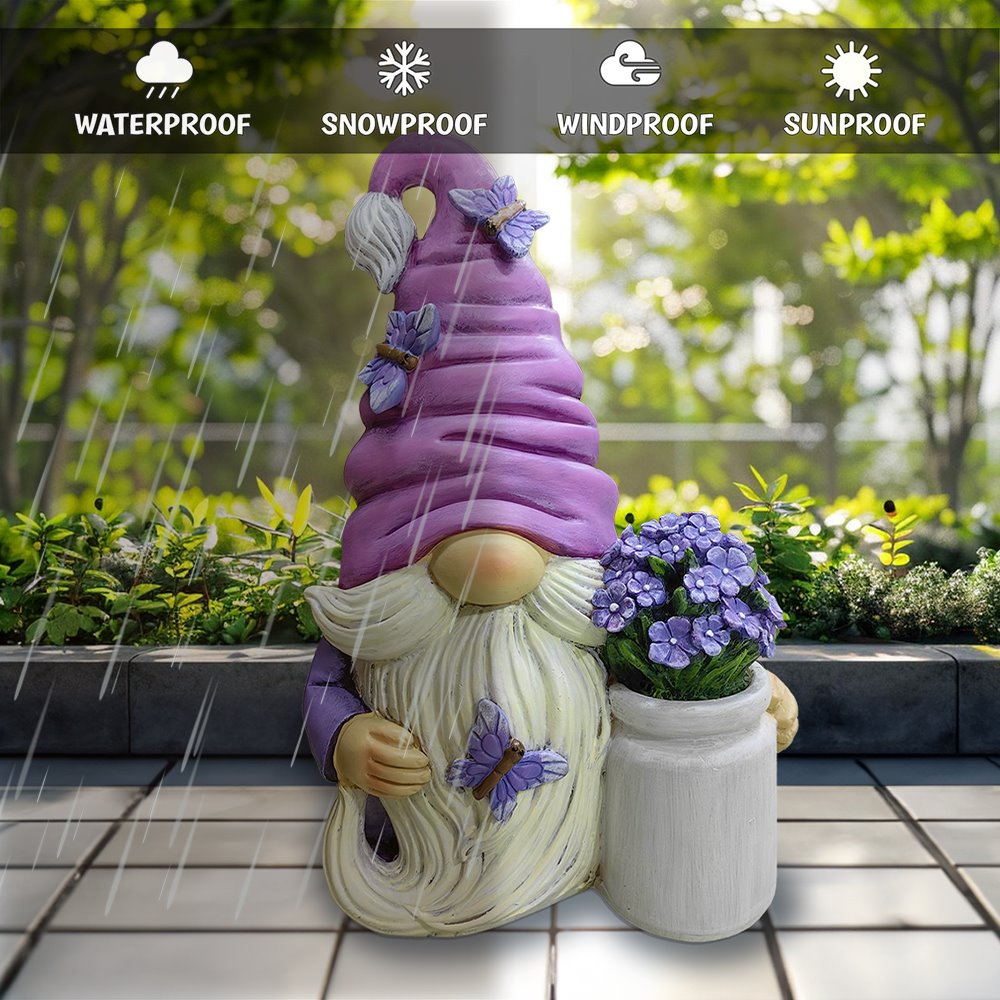 Garden Grace Lavender Gnome Figurine, 10" Purple Home Decor Statue with Butterflies and Flowers Resin Statues OrnamentallyYou 