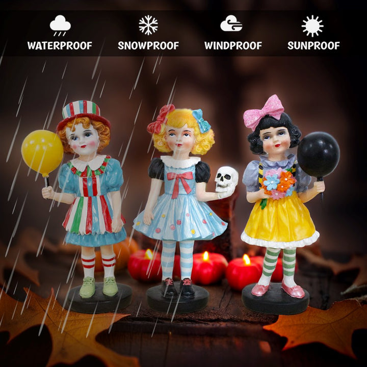 Spooky Victorian Masquerade Girl Trio, 6" Trick or Treat Clown Figurines and Hauntingly Elegant Halloween Decor Resin Statues OrnamentallyYou 