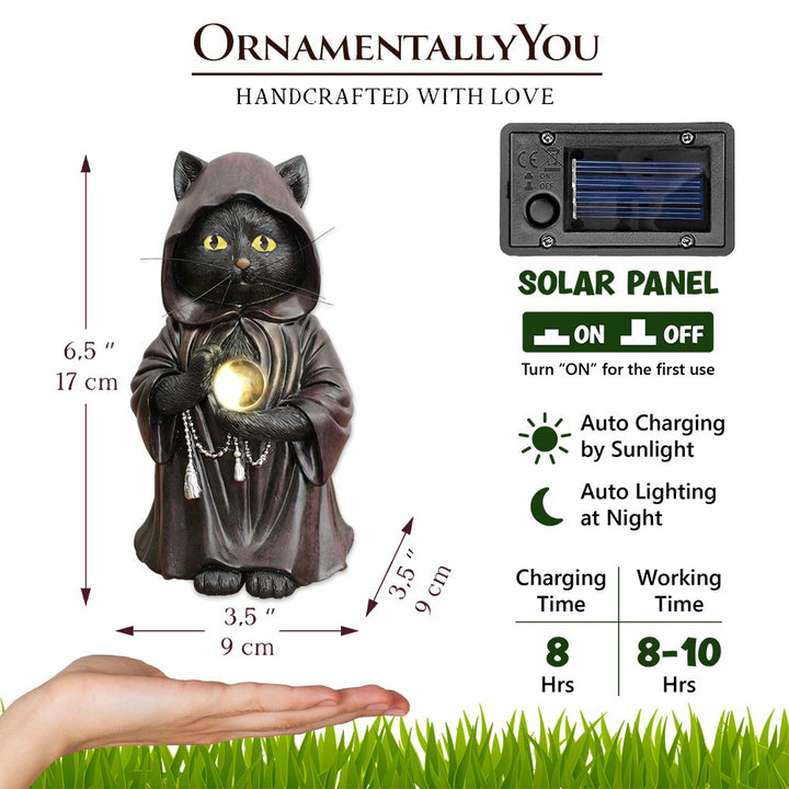 (Pre-Order) Ominous Black Cat Wizard Figurine, 7" Solar Light Gothic Yard Statue Decor Resin Statues OrnamentallyYou 