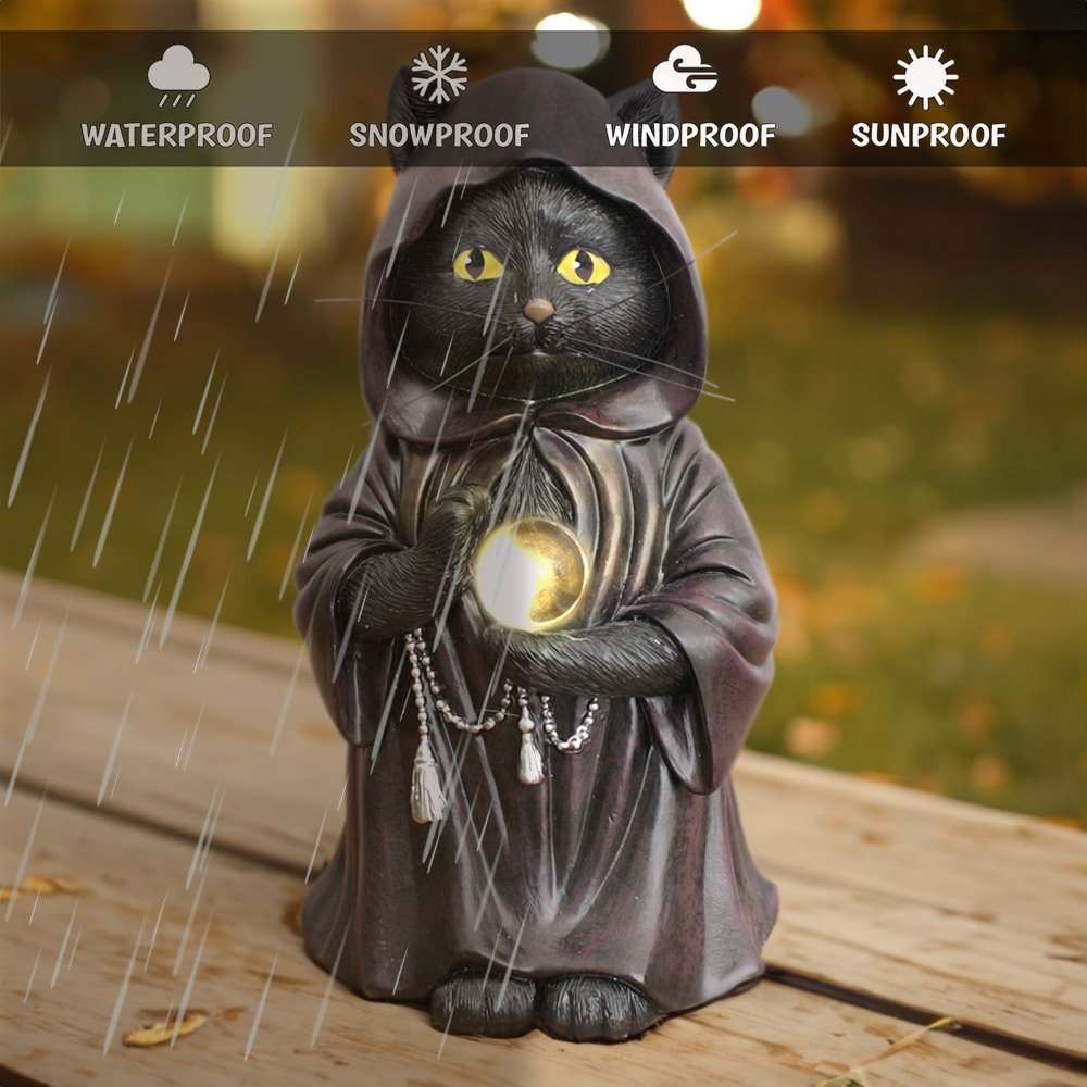 (Pre-Order) Ominous Black Cat Wizard Figurine, 7" Solar Light Gothic Yard Statue Decor Resin Statues OrnamentallyYou 