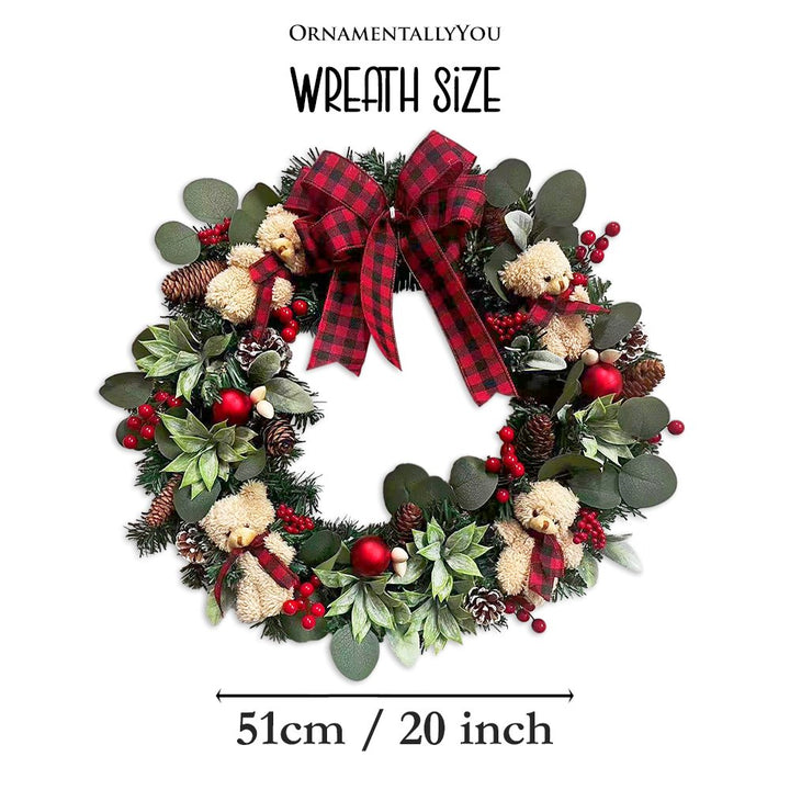 (Pre-Order) Exquisite Plaid Bow and Bears 20" Christmas Wreath, Holiday Door Decoration Wreath OrnamentallyYou 