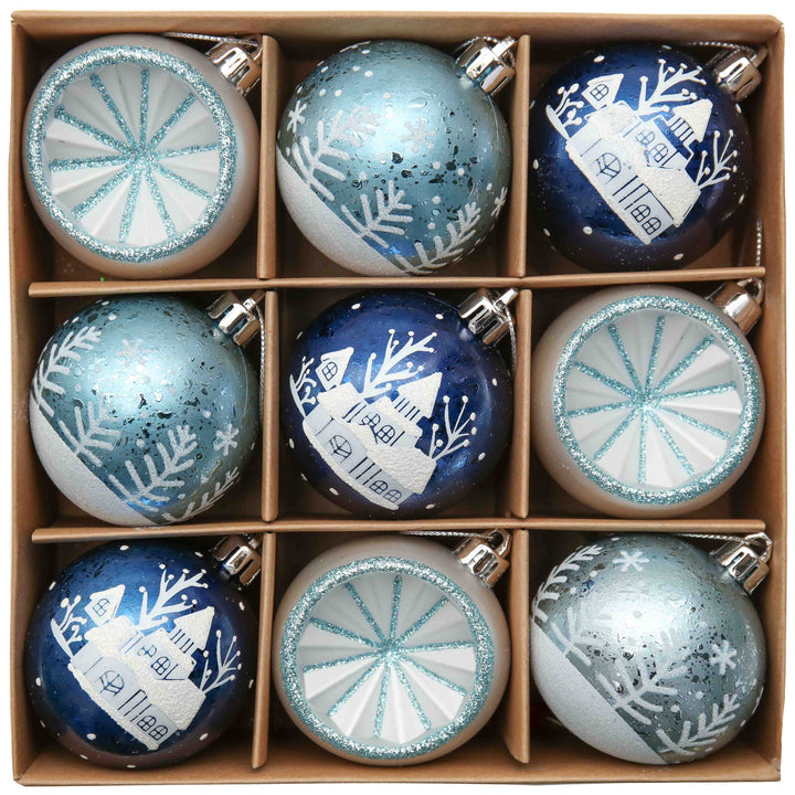 Elegant Blue Winter Theme Christmas Ornament Bundle, 9 Piece Snow and Tree Baubles