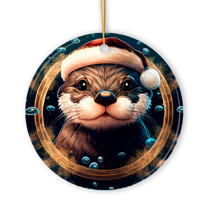 Cute Otter with Santa Hat Coastal Christmas Ornament Ceramic Ornament OrnamentallyYou 
