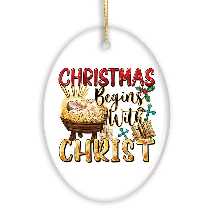 Dazzling Christmas Begins with Christ Ornament, Ceramic Christian Holiday Art Ceramic Ornament OrnamentallyYou 