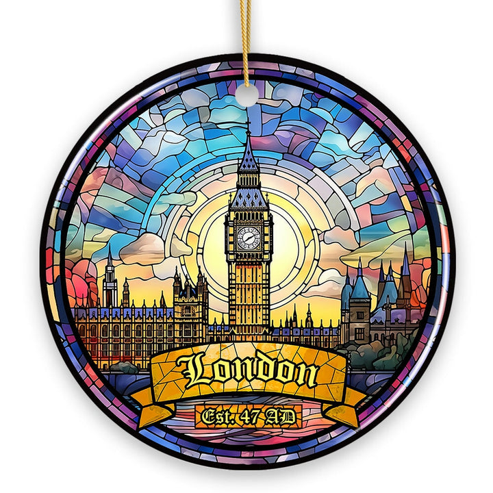 Elegant London Stained Glass Art Style Ornament, Vintage Big Ben Souvenir Ceramic Ornament OrnamentallyYou 