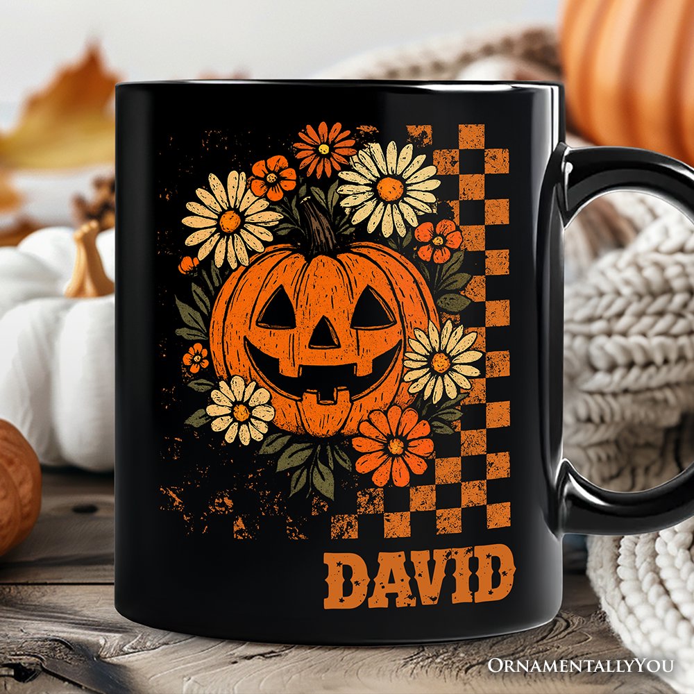 Checkered Floral Pumpkin Personalized Mug, Retro Preppy Halloween Gift with Custom Name for Spooky Season Vibes Personalized Ceramic Mug OrnamentallyYou Black Customized 