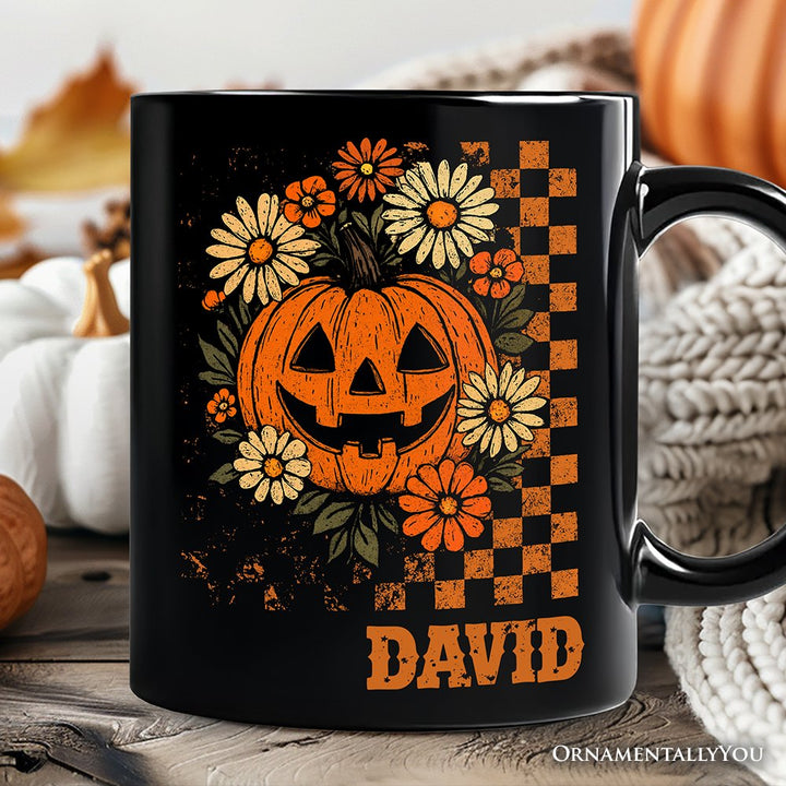 Checkered Floral Pumpkin Personalized Mug, Retro Preppy Halloween Gift with Custom Name for Spooky Season Vibes Personalized Ceramic Mug OrnamentallyYou Black Customized 