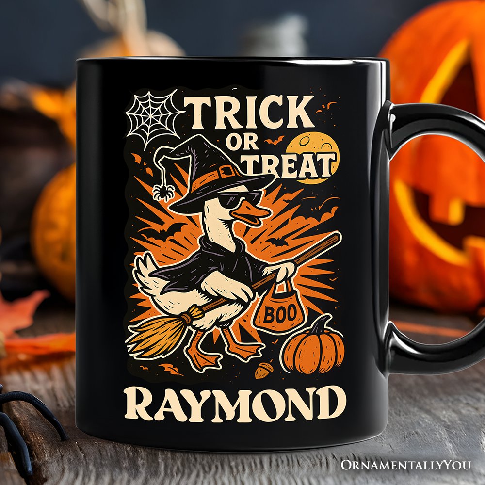 Trick or Treat Goose Personalized Mug, Vintage Halloween Witch Gift with Custom Name Personalized Ceramic Mug OrnamentallyYou Black Customized 