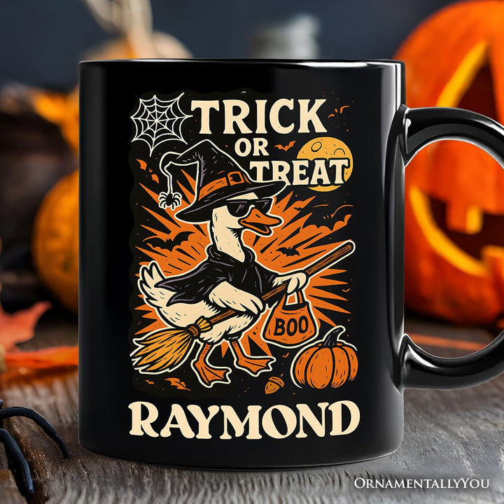 Trick or Treat Goose Personalized Mug, Vintage Halloween Witch Gift with Custom Name Personalized Ceramic Mug OrnamentallyYou Black Customized 