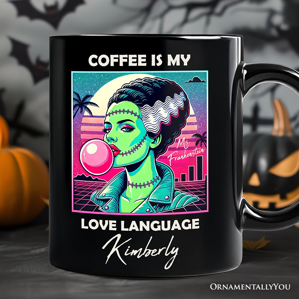 Vaperwave Mrs Frankenstein Bride Retro Neon Horror Personalized Mug, Synthwave 80's Styled Classic Halloween Gift with Custom Name Personalized Ceramic Mug OrnamentallyYou Black Customized 