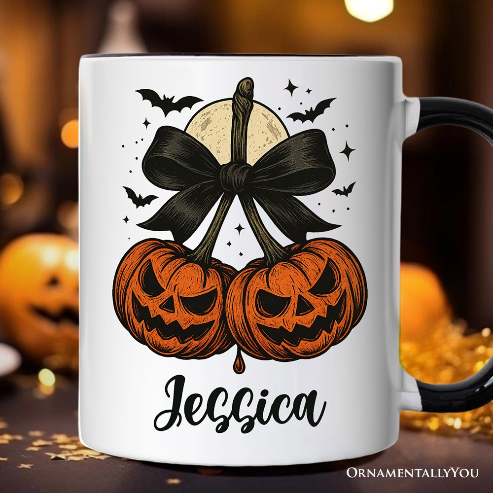Pumpkin Cherries Coquette Bow Personalized Mug, Retro Halloween Gift with Custom Name Personalized Ceramic Mug OrnamentallyYou White - Black Customized 